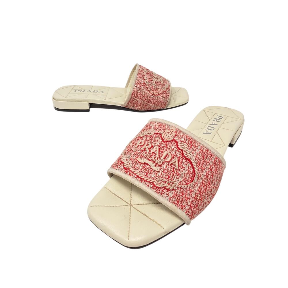 Prada Logo Jacquard Slide Sandals Red White Flat Day Quilted Woven 37.5 7.5